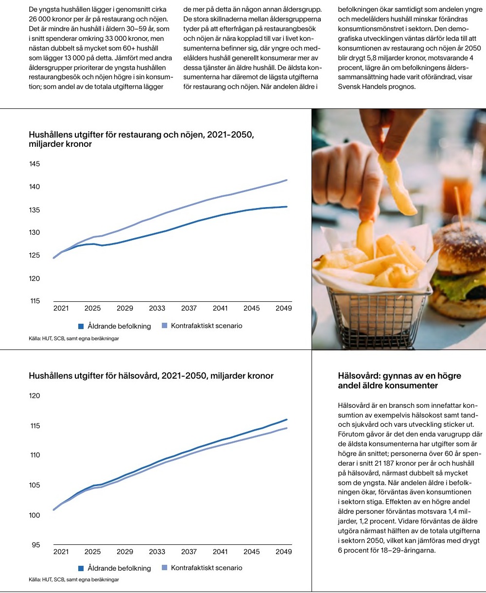 Två originaldiagram ur rapporten som jämför åldersförändring med konstant ålderssammansättning till 2050.