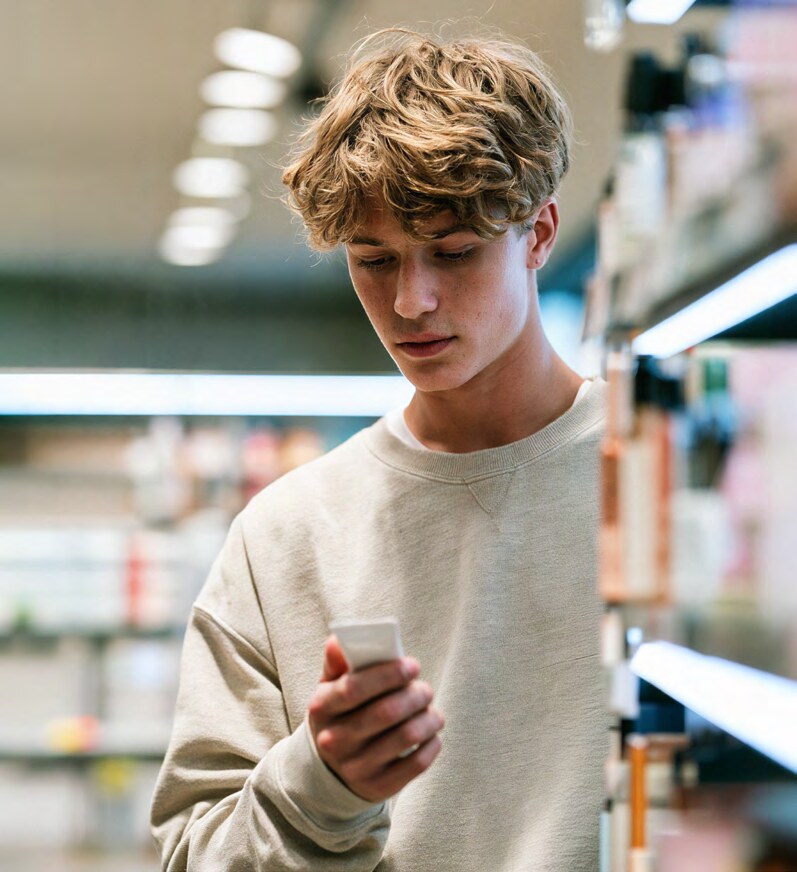 Ung kund tittar på sin mobiltelefon framför en butikshylla.